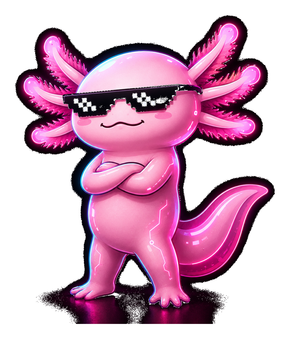 Mascota rosa de PepeAngell Labs con lentes pixelados